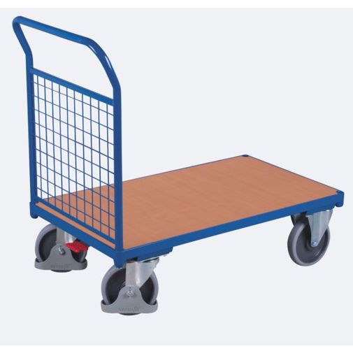 Stirnwandwagen aus Stahl und MDF - Enzianblau/Buche-Dekor - L 1230 x B 800 mm - Drahtgitter-Stirnwand - TPE-Rollen mit EasySTOP - Belastbarkeit bis 500 kg