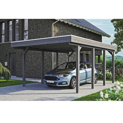 Skan Holz Einzelcarport Friesland mit Aluminium-Dachplatten & H-Pfostenanker - 397 x 555 cm - Grau