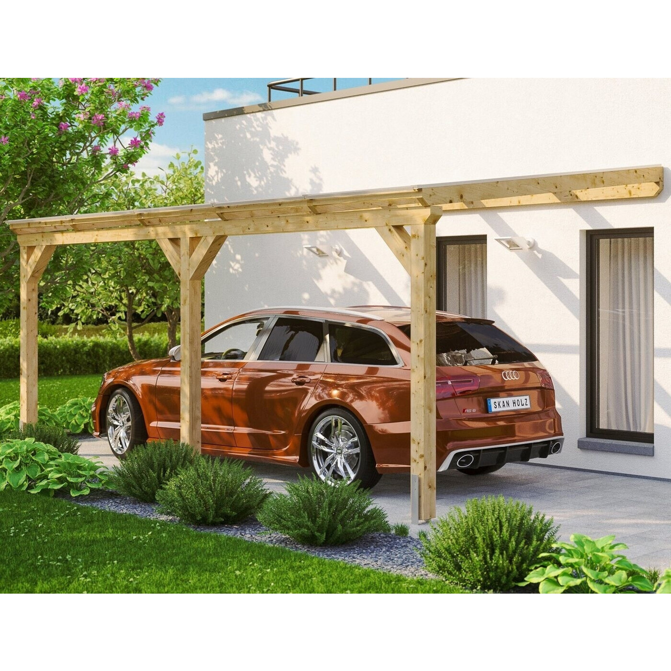 Skan Holz Anlehncarport Vogtland - 300x541 cm, 213 cm Einfahrtshöhe, Natur