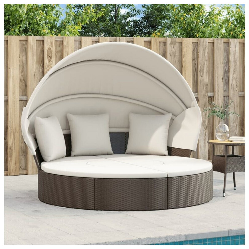 vidaXL Sonneninsel mit Dach und Kissen - Braun - Poly Rattan - Gartenliege