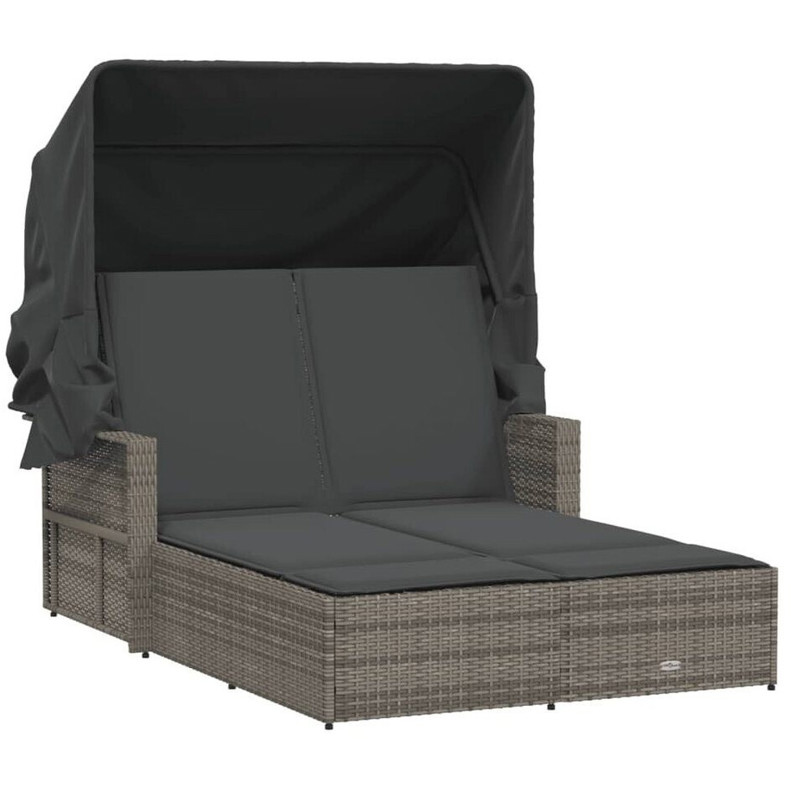 vidaXL Doppel-Sonnenliege mit Dach und Auflagen – Grau, Poly Rattan, Gartenliege